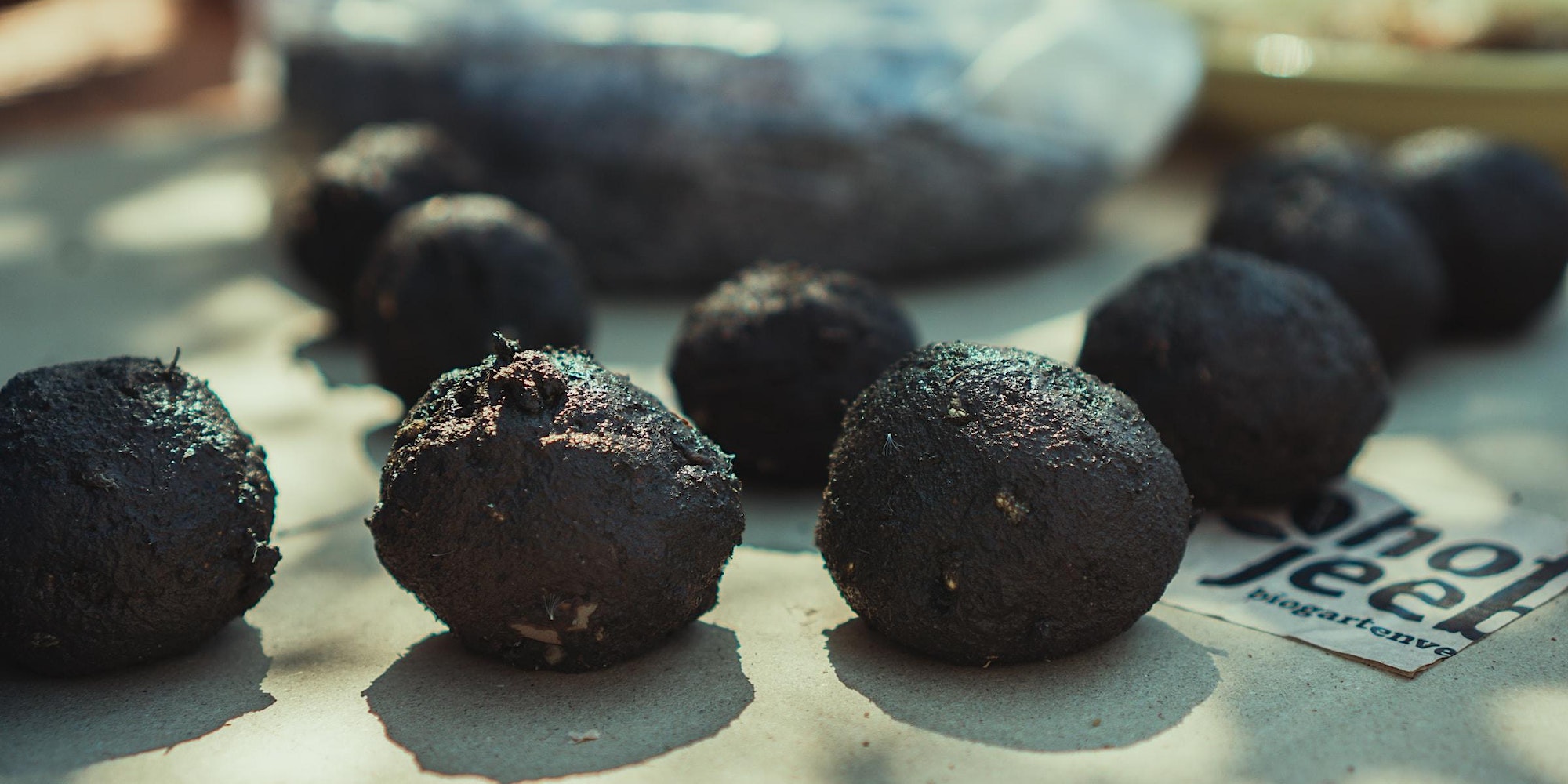 Picture of balls of dirt on a table.